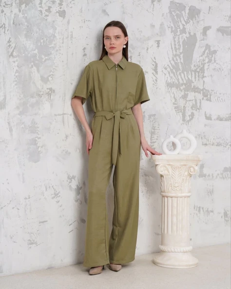 BİÇOMİ Kuşaklı gömlek yaka salaş tulum haki s255822