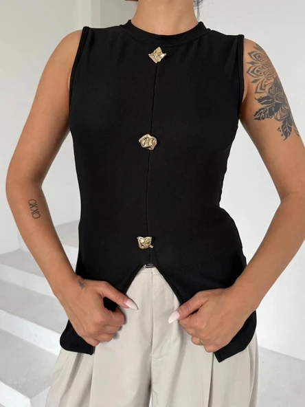 BİÇOMİ Kadın siyah bisiklet yaka gold düğmeli ottoman bluz s2310 ürün görseli