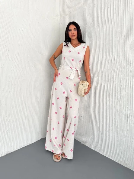 BİÇOMİ Sırt dekolteli keten beyaz tulum S1036 ürün görseli