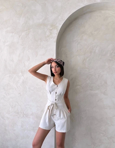 BİÇOMİ Kuşaklı şortlu tulum - Resim 3