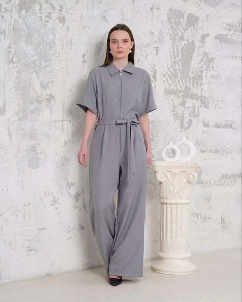 BİÇOMİ Kuşaklı gömlek yaka salaş tulum gri s255822