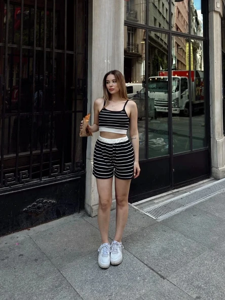 BİÇOMİ Çizgili şortlu takım siyah s3978 - Resim 3