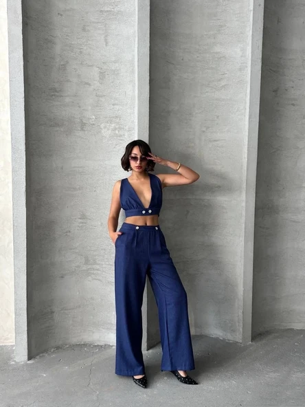 BİÇOMİ Crop pantolon keten takım s255012 - Resim 4