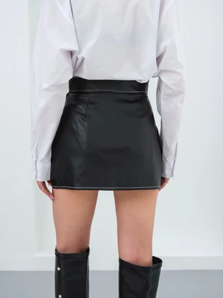 BİÇOMİ Kontrast deri etek siyah w260015 - Resim 4