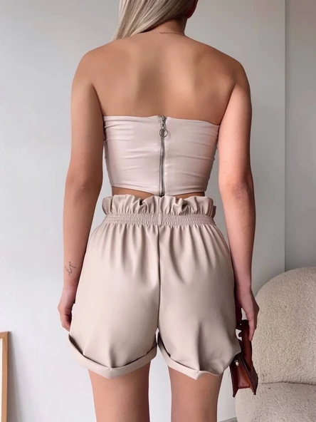 BİÇOMİ Tüllü deri crop bej w24615 - Resim 5