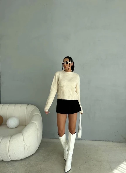 BİÇOMİ Cepli triko kazak krem ürün görseli