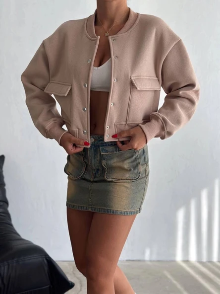 BİÇOMİ 3 iplik şardonlu Önü çıtçıtlı cepli ceket bej f2226 ürün görseli