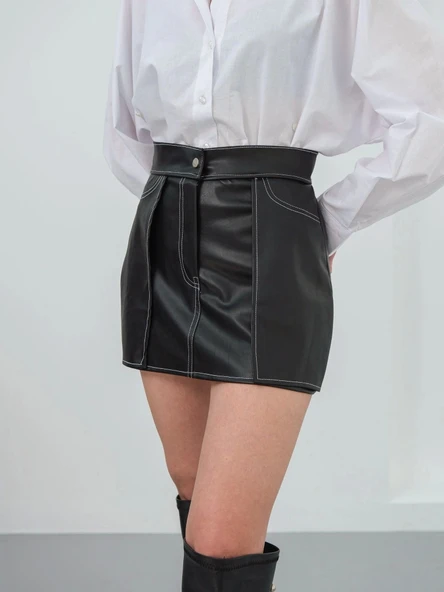 BİÇOMİ Kontrast deri etek siyah w260015 - Resim 6