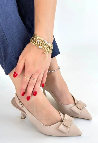 BİÇOMİ Leyya Bej Cilt Topuklu Ayakkabı - Resim 3