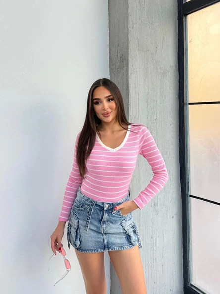 BİÇOMİ V yaka çizgili bluz pembe A3699 ürün görseli