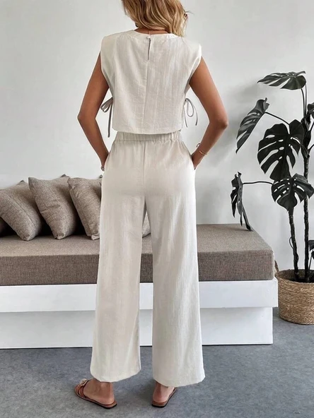 BİÇOMİ Yan bağlama detaylı pantolonlu takım bej - 3