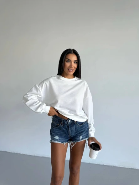 BİÇOMİ 2 iplik bisiklet yaka sweat beyaz f2339 - Resim 4