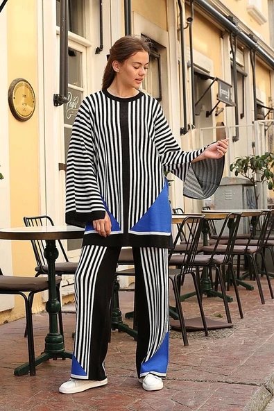 BİÇOMİ Çizgili bisiklet yaka triko takım siyah - Resim 4