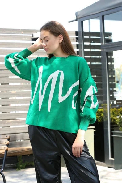 BİÇOMİ Beyaz çizgili bisiklet yaka kazak yeşil ürün görseli