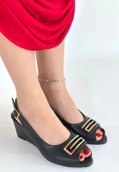 BİÇOMİ Mamba Siyah Cilt Dolgu Topuk Ayakkabı - Resim 2