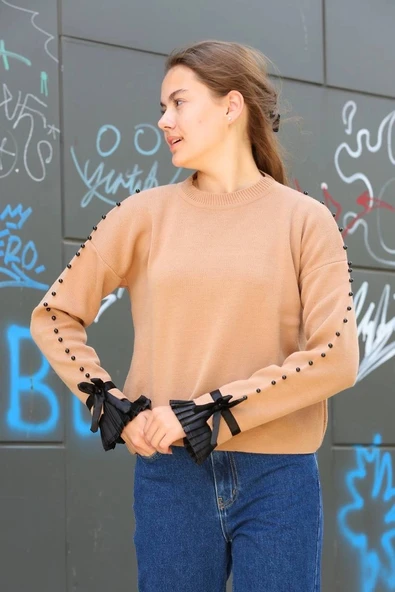 BİÇOMİ Boncuklu bile detaylı kazak vizon - Resim 2