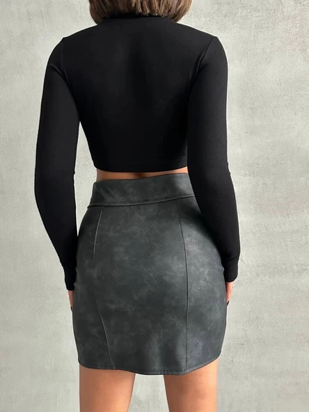 BİÇOMİ Beli pervazlı fermuarlı eskitme deri etek w24431 - Resim 4