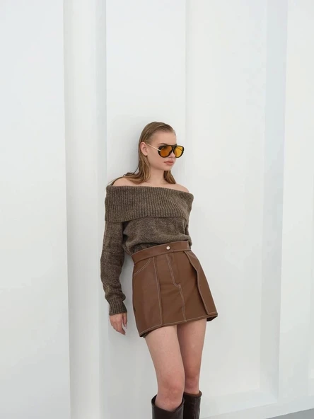 BİÇOMİ Kontrast deri etek kahve w260015 - Resim 4