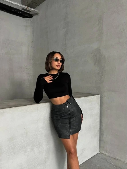 BİÇOMİ Beli pervazlı fermuarlı eskitme deri etek w24431 - Resim 7