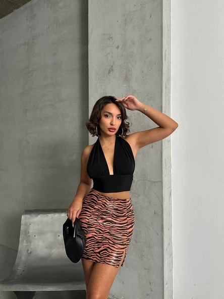 BİÇOMİ Tek yırtmaçlı zebra desenli deri etek kahvesiyah w24475-S - Resim 3