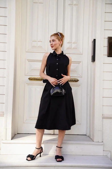 BİÇOMİ Gömlek yaka kemerli elbise siyah s255061 - Resim 6