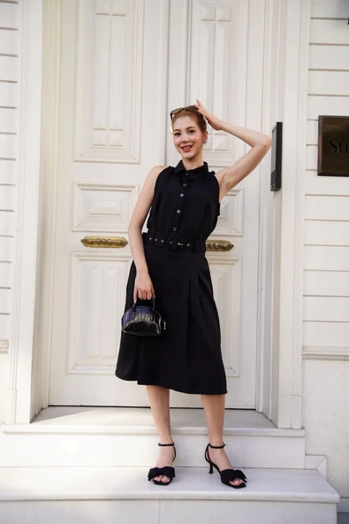 BİÇOMİ Gömlek yaka kemerli elbise siyah s255061 - Resim 8