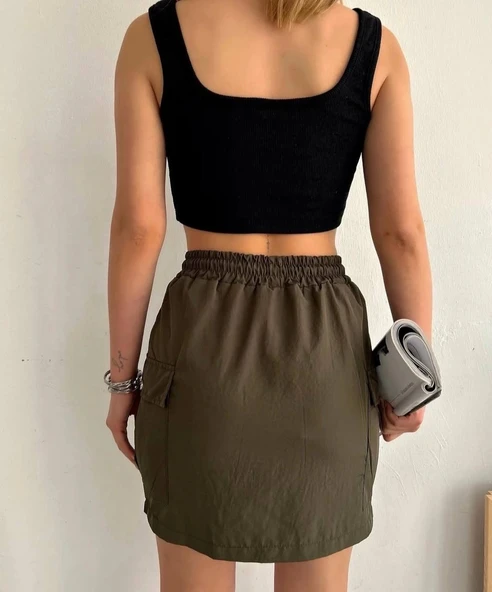 BİÇOMİ Kargo cep ince paraşüt etek haki s241019 - Resim 4