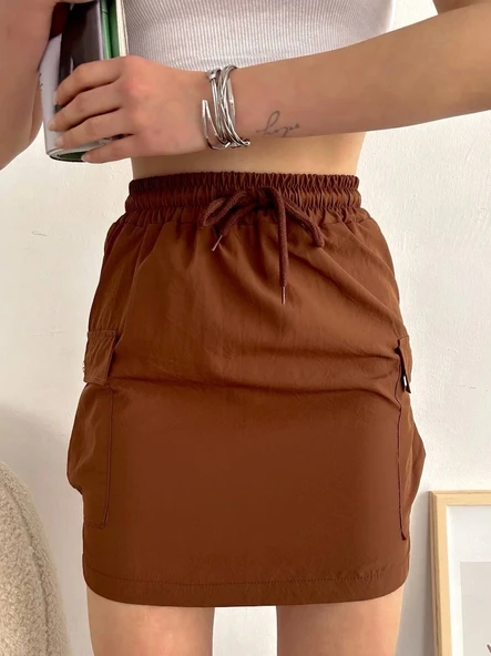 BİÇOMİ Kargo cep ince paraşüt etek kahve s241019 ürün görseli