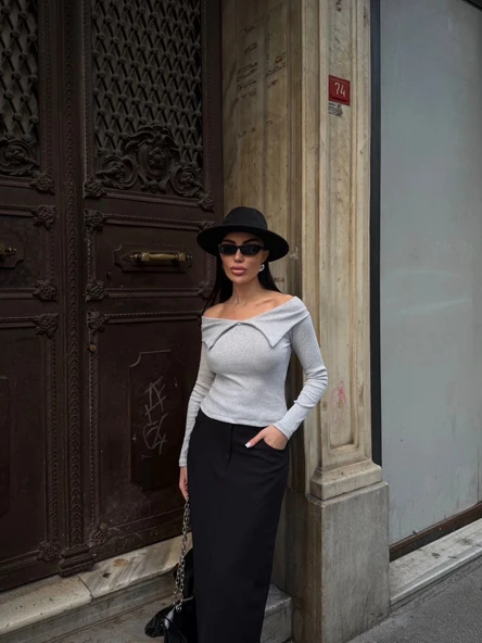 BİÇOMİ Kelebek yaka uzun kol bluz Gri - Resim 3