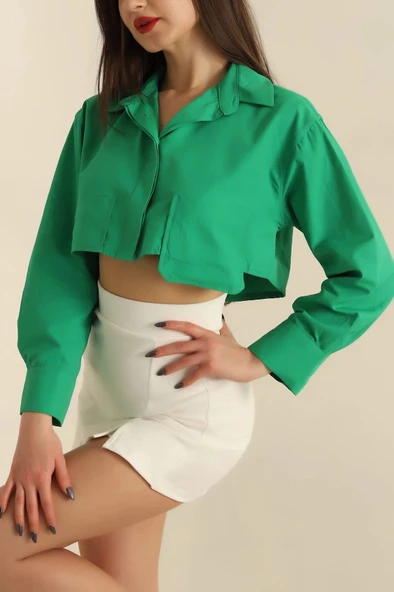 BİÇOMİ Poplin crop gömlek yeşil s3060 - Resim 2