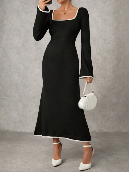 BİÇOMİ Biyeli uzun elbise siyah - Resim 2