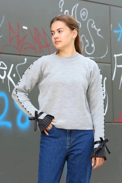 BİÇOMİ Boncuklu bile detaylı kazak gri - Resim 4