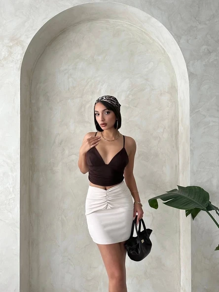 BİÇOMİ Önü büzgülü etek bej s24222 - Resim 3