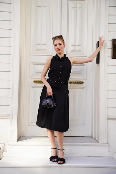 BİÇOMİ Gömlek yaka kemerli elbise siyah s255061 - Resim 4