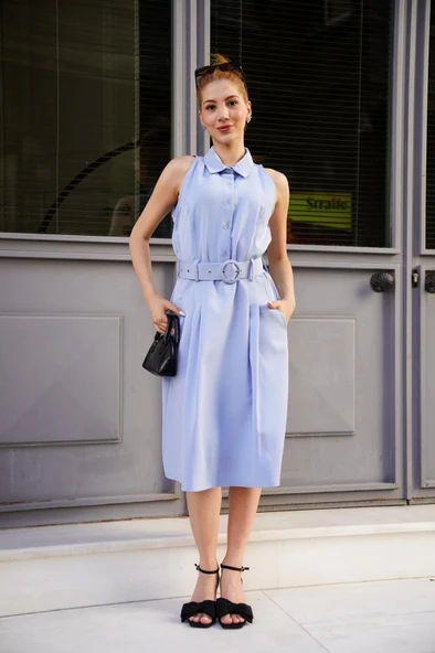 BİÇOMİ Gömlek yaka kemerli elbise mavi s255061 - Resim 3