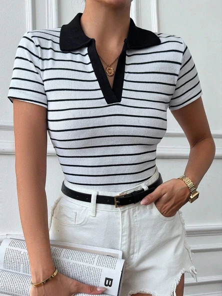 BİÇOMİ Polo yaka garnili bluz Beyazsiyah - Resim 2