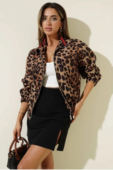 BİÇOMİ Leopar desenli astarlı ceket siyah t1192 ürün görseli