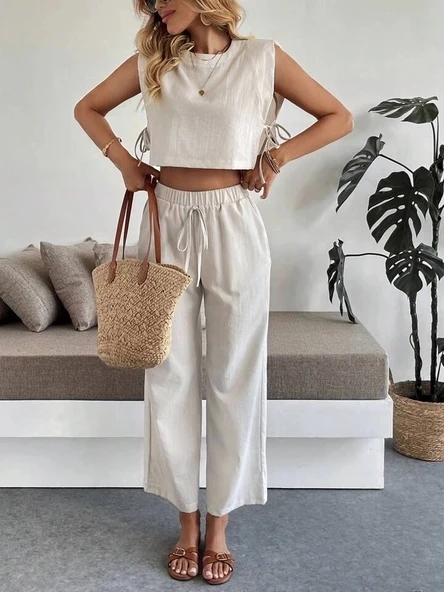 BİÇOMİ Yan bağlama detaylı pantolonlu takım bej