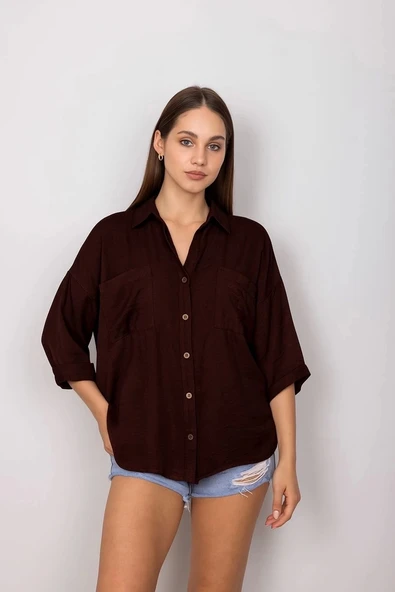 BİÇOMİ Cepli salaş gömlek koyu kahve t1010 ürün görseli