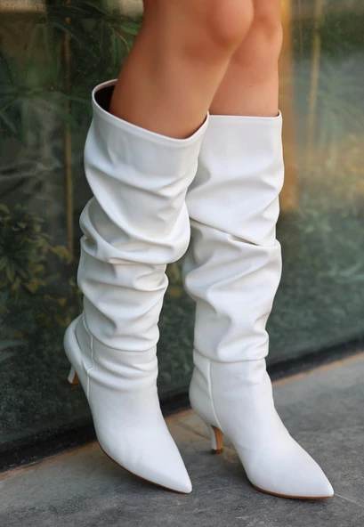 BİÇOMİ Zelya Beyaz Cilt Topuklu Çizme - Resim 2