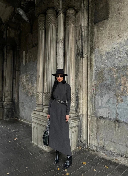 BİÇOMİ Boğazlı kalın bürümcük uzun elbise siyah - Resim 4