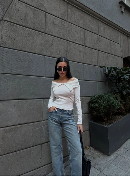 BİÇOMİ Kelebek yaka uzun kol bluz beyaz - Resim 3