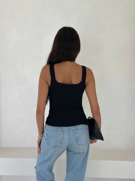 BİÇOMİ Ottoman toka askılı bluz siyah s4194 - Resim 4