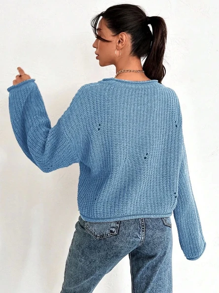 BİÇOMİ Salaş delik detaylı kazak mavi - Resim 4