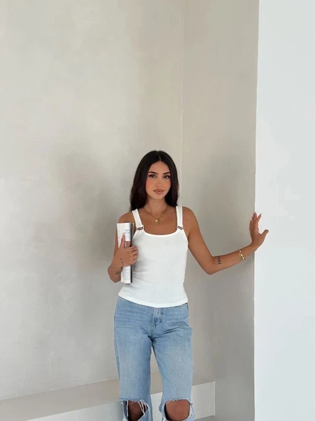 BİÇOMİ Ottoman toka askılı bluz beyaz s4194 - Resim 2