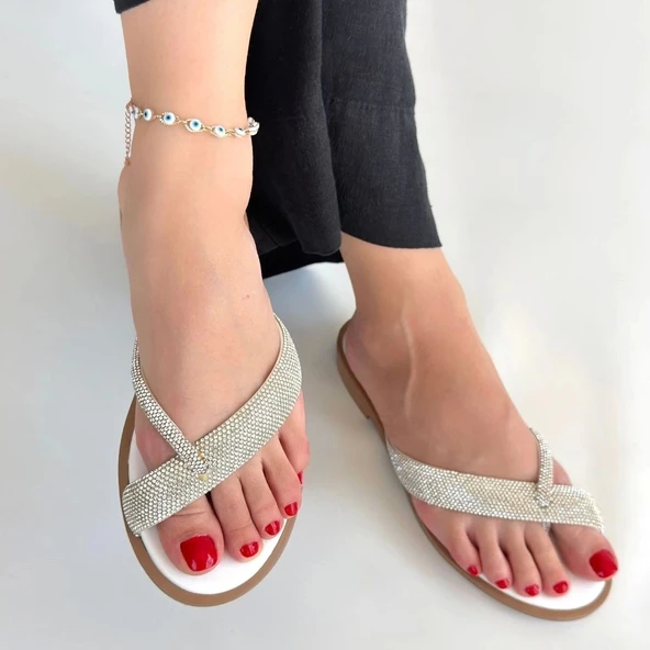 BİÇOMİ Eday Gümüş Boncuk İşlemeli Terlik - Resim 4