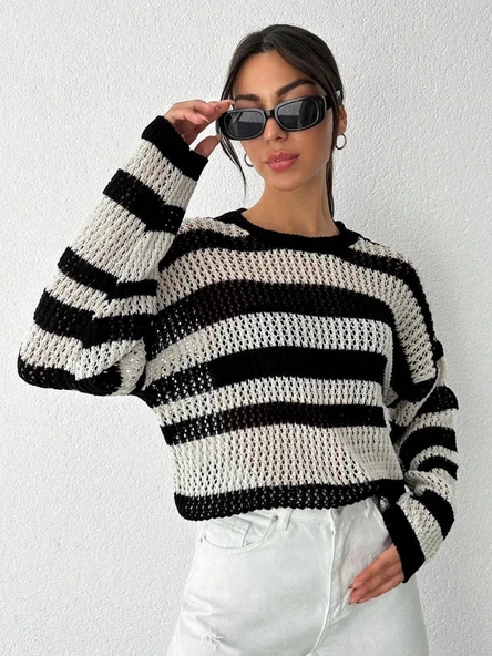 BİÇOMİ Çizgili bisiklet yaka triko kazak beyazsiyah - Resim 2