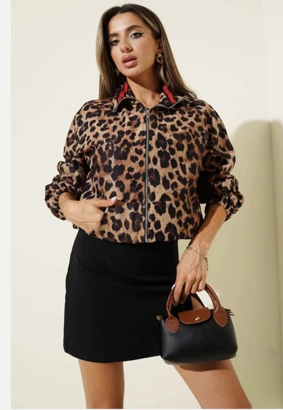 BİÇOMİ Leopar desenli astarlı ceket siyah t1192 - Resim 5