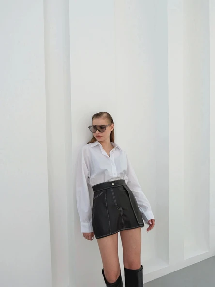 BİÇOMİ Kontrast deri etek siyah w260015 - Resim 5