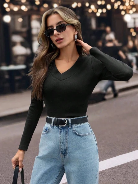 BİÇOMİ V yaka kaşkorse bluz siyah w3817 ürün görseli